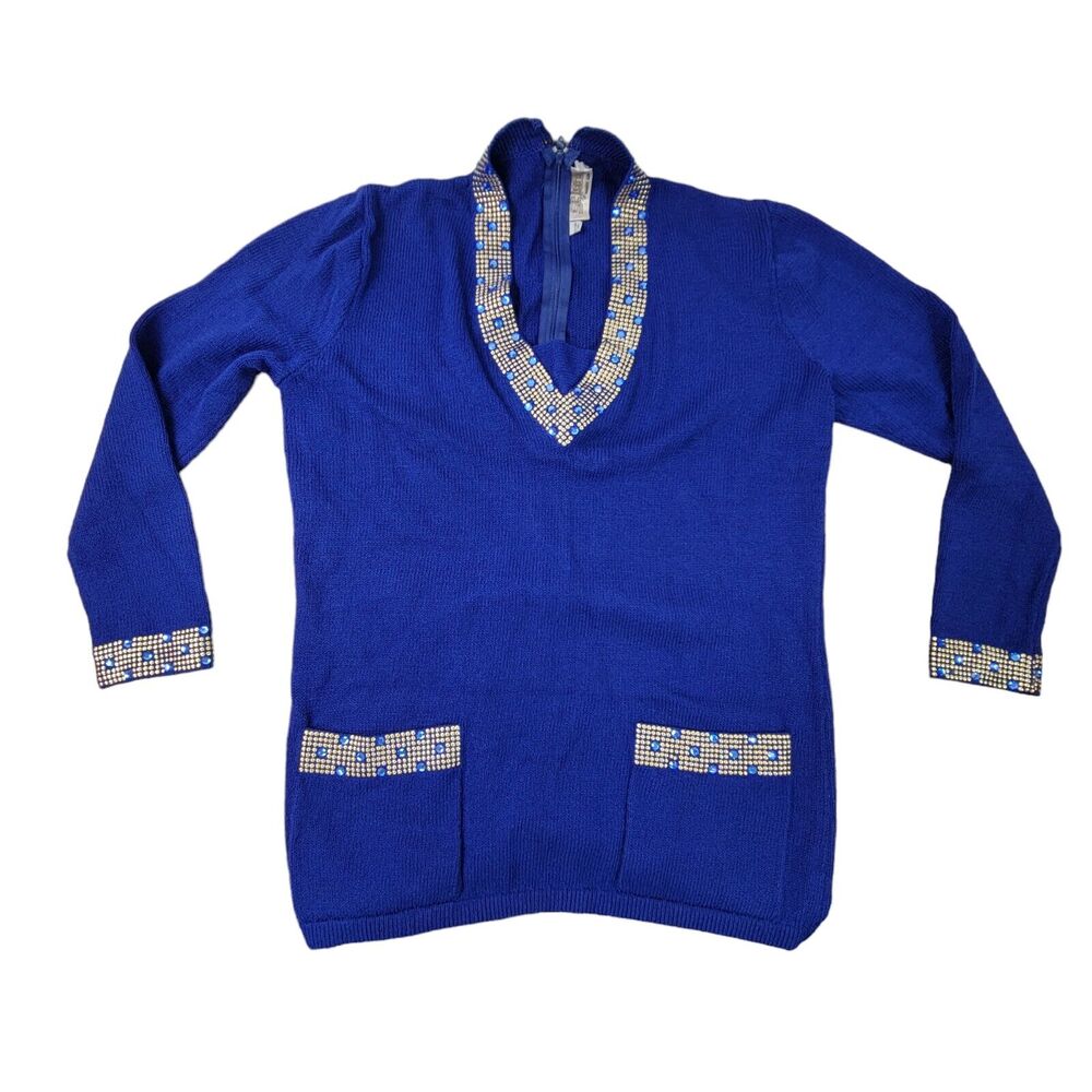 St. John V Neck Blue Pocket Santana Knit Zip Sweater Size 12 Wool Embellished